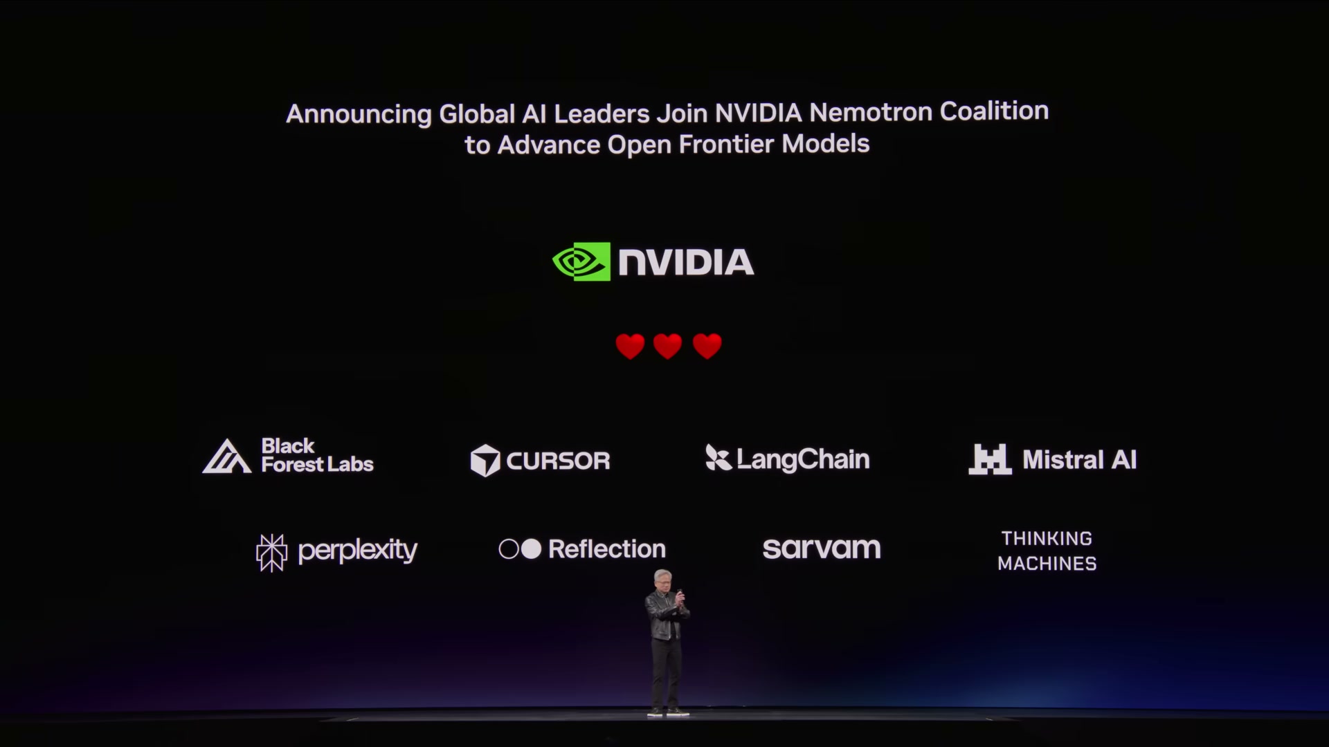 Slide titled Announcing Global AI Leaders Join NVIDIA Nemotron Coalition to Advance Open Frontier Models, with logos of Black Forest Labs, Cursor, LangChain, Mistral AI, Perplexity, Reflection, Sarvam and Thinking Machines